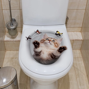 3D realistic orange fluffy cat decal with butterflies on a white toilet lid