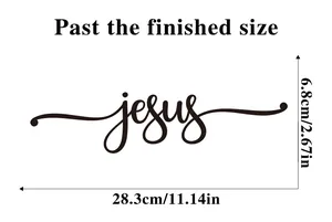 Detailed size chart showing Jesus text wall sticker dimensions 28.3cm by 6.8cm