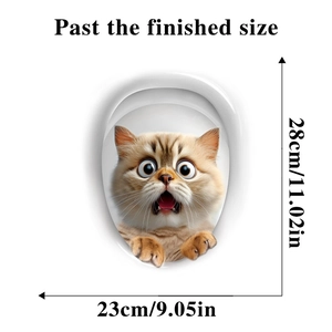 Detail of 3D orange cat toilet sticker showing 28x23cm dimensions on white background