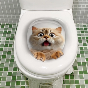 Detail of 3D orange tabby cat toilet lid decal with realistic surprise expression