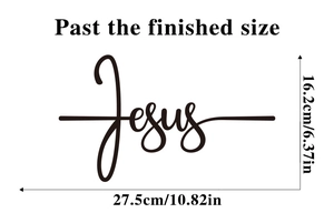 Macro detail of Jesus script wall sticker showing specific dimensions for home decor