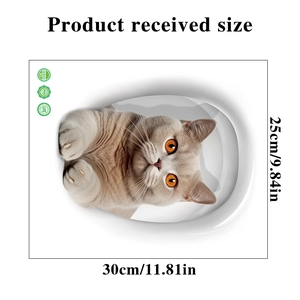 Detail showing 30x25cm dimensions of a 3D cat themed waterproof toilet lid sticker