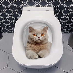 3D British Shorthair cat toilet seat sticker on white cover in modern bathroom
