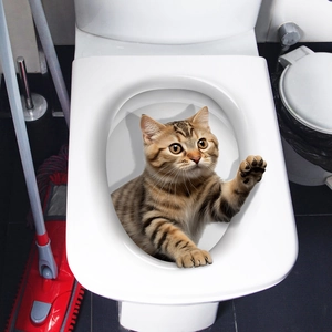 Realistic 3D tabby cat toilet sticker with lifelike paws peaking from white ceramic lid