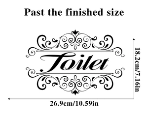 Black vinyl toilet wall decal with vintage scroll pattern and 27x18cm size details