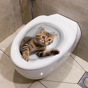 Detailed close-up of a 3D tabby cat sticker on a toilet lid for bathroom decoration