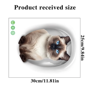Detailed view of the 3D Siamese cat toilet sticker with 30x25cm size specifications