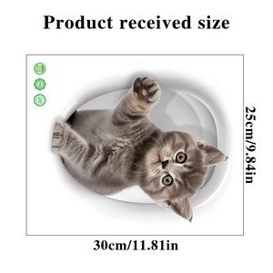 Detailed dimensions of 3D cat wall sticker showing 25x30cm PVC waterproof decal