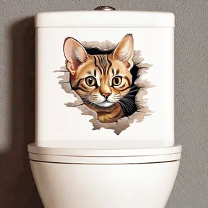3D realistic brown tabby cat wall sticker for bathroom toilet decor, 27.5x27.1cm size