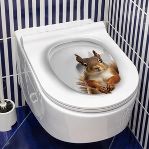 Detail of 3D waterproof toilet sticker featuring a realistic squirrel coming out of hole