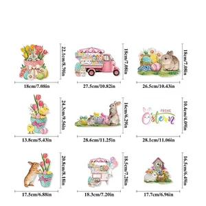 Easter egg stickers size chart featuring rabbits, flower carts, and festive decor designs