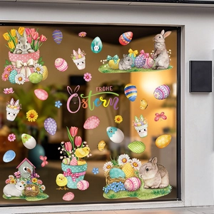 Easter window stickers with realistic grey bunnies, colorful eggs and spring flowers