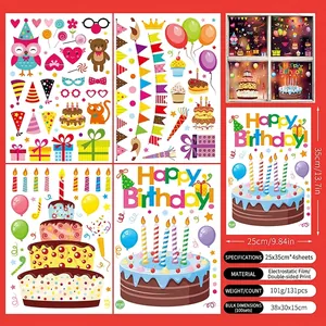 Detail of 4 birthday party static window decals showing cakes, balloons and owl patterns