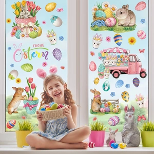 Easter bunny and egg static window clings set featuring a girl for festive home decor