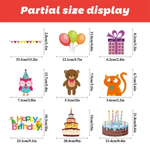 Size chart showing dimensions for birthday party static cling window decorations
