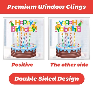 Detailed double-sided view of colorful birthday window clings with cake design