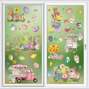 Detailed watercolor Easter window stickers with bunnies, eggs and Frohe Ostern text