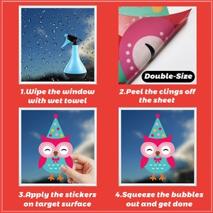 Four-step installation guide for double-sided owl static window clings for kids party