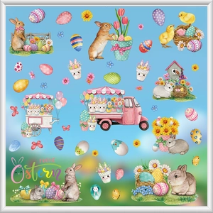 Easter static window clings with bunny eggs and flowers for festive home decoration