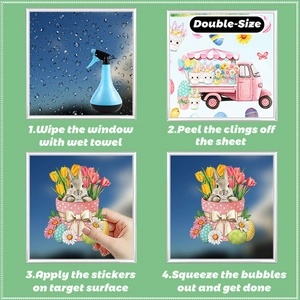Easter window decals featuring double-sided bunny and egg designs with 4-step installation guide