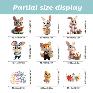Easter static window stickers set featuring 3D cartoon rabbits and chicks with size specs