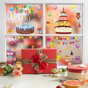 Happy Birthday window static stickers with cartoon owl, cake and colorful balloon designs