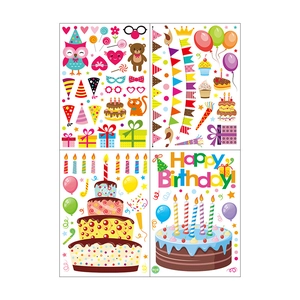 Colorful cartoon birthday window stickers featuring cakes, balloons, and owls for kids party