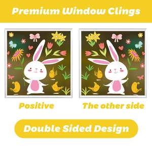 Close-up of double sided window clings featuring cute bunnies and floral Easter patterns