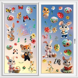 Detailed view of Easter bunny and egg static window clings on white window frames