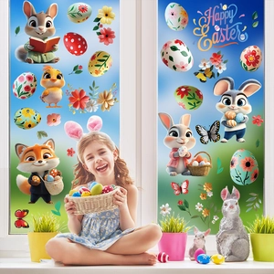 Detailed view of colorful Happy Easter window stickers featuring cute bunnies and eggs