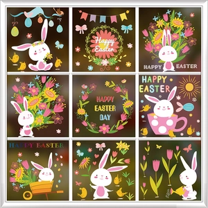 Detail view of 9 Easter window cling designs featuring cute bunnies and colorful eggs