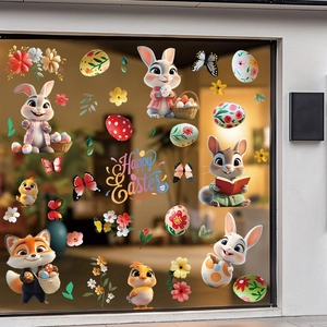 Detailed view of 3D cartoon Easter window stickers with cute bunnies and colorful eggs