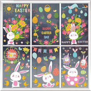 Detail of six Easter window stickers featuring cute bunnies, eggs and floral patterns
