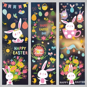 Detailed Happy Easter vertical panels featuring cartoon bunnies, chicks and colorful eggs