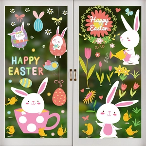 Detailed view of colorful Happy Easter window clings featuring rabbits and eggs on glass