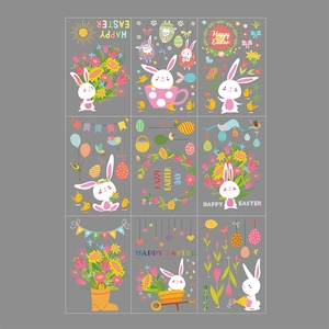 Nine sheets of Easter window clings featuring cute rabbits, colorful eggs and tulips