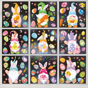 Detail of nine Easter gnome window stickers with colorful eggs and rabbits for glass decor