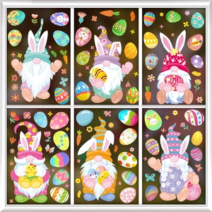 Detail of Easter gnome window stickers with rabbit ears, eggs and Happy Easter motifs