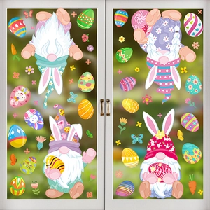Easter gnome window decals featuring cute bunnies and colorful eggs on glass surface