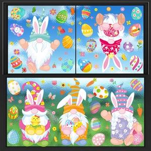 Easter window clings set with cute colorful gnomes, eggs and chicks for glass decoration