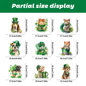 Tabella taglie per adesivi da finestra di San Patrizio con dimensioni di vari simpatici animali