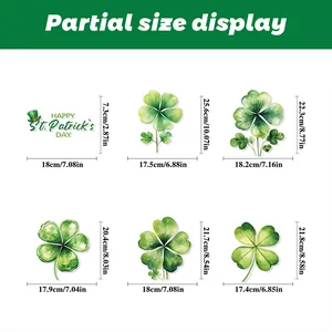 Size chart showing six distinct St. Patrick's Day shamrock window sticker dimensions