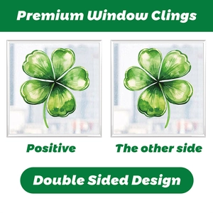 Detail of double sided watercolor shamrock window clings for St. Patrick's Day decor
