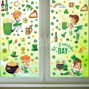 Detailed view of St. Patrick's Day window stickers with shamrocks and cartoon characters