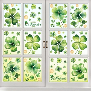 St. Patrick's Day shamrock window stickers with gold coins and festive greeting message