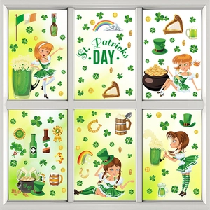 Detail of St. Patrick's Day window clings with Irish girl, beer, and clover decorations