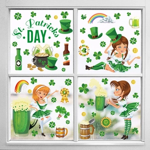 Detail of St. Patrick's Day window stickers with shamrocks, rainbow, and gold coins