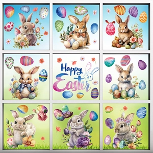 Cartoon Easter bunny window stickers set with colorful eggs and Happy Easter lettering