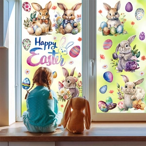 Happy Easter window stickers featuring cartoon rabbits, colorful eggs and floral patterns