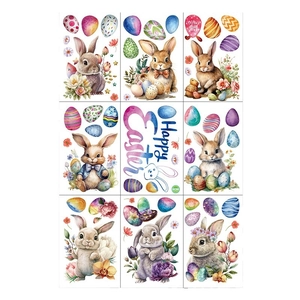 Watercolor Happy Easter window stickers featuring cute bunnies and colorful painted eggs